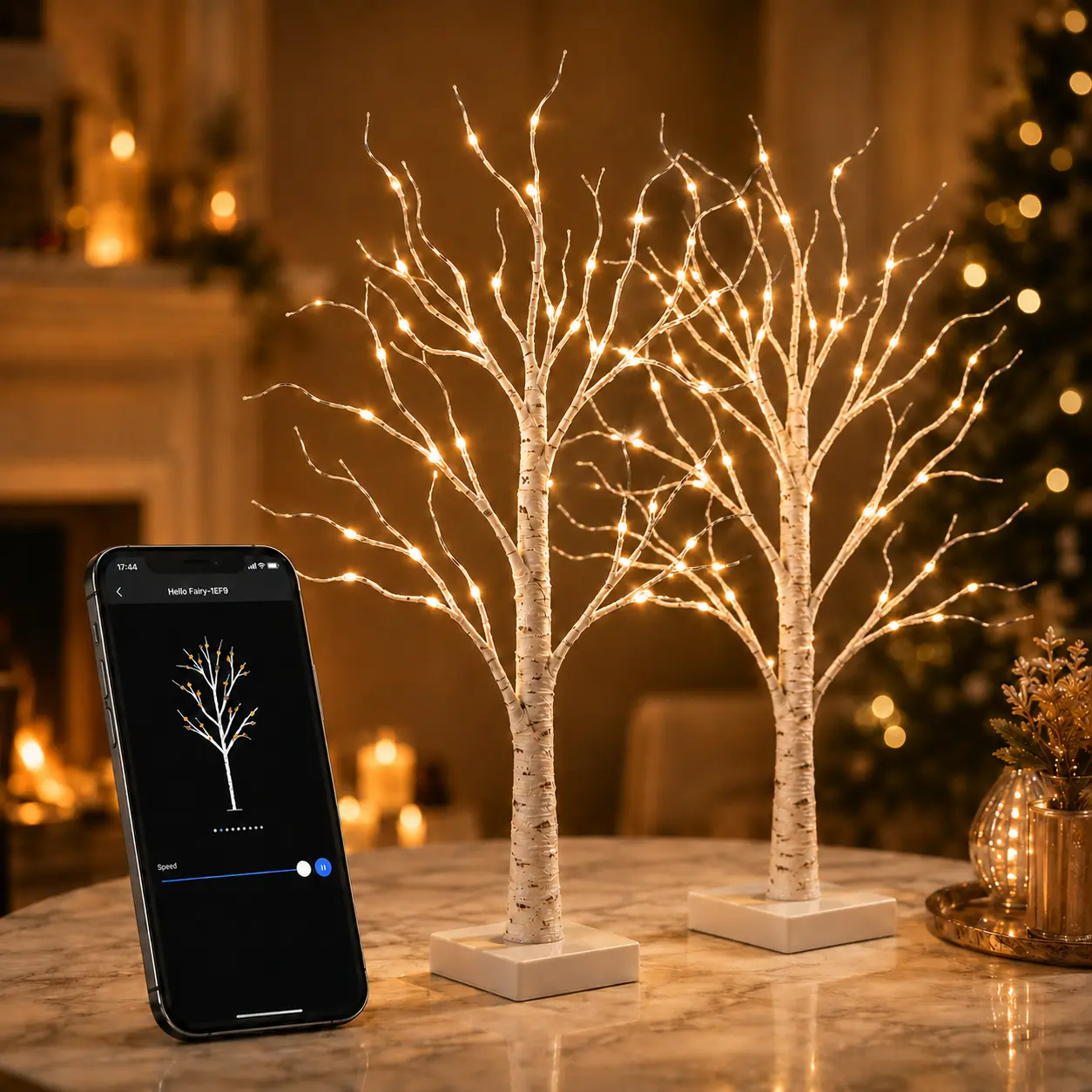 2ft Height Smart Birch Tabletop Tree (2-Pack) with LED Lights, Bluetooth App Control, 18 Modes, Dimmable, Timer, Music Sync, Warm White LEDs for Indoor Holiday Decor, Wedding Centerpiece