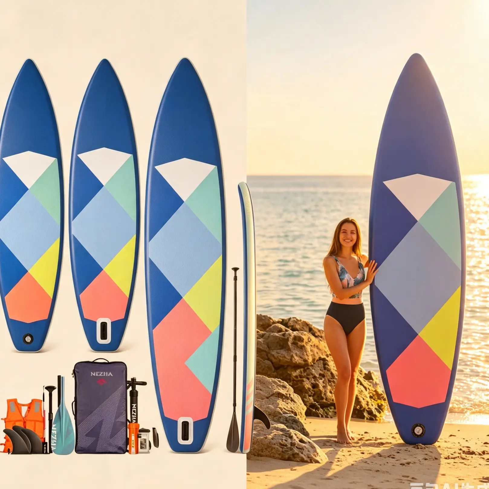 Portable Foldable Lightweight Inflatable  Surfboard Heavy Duty  Anti-Corrosion Inflatable Paddle Board All Round Water Board for Family Beach Holiday Sea Wave Riding Travel Carry Friendly Water Sport Equipment