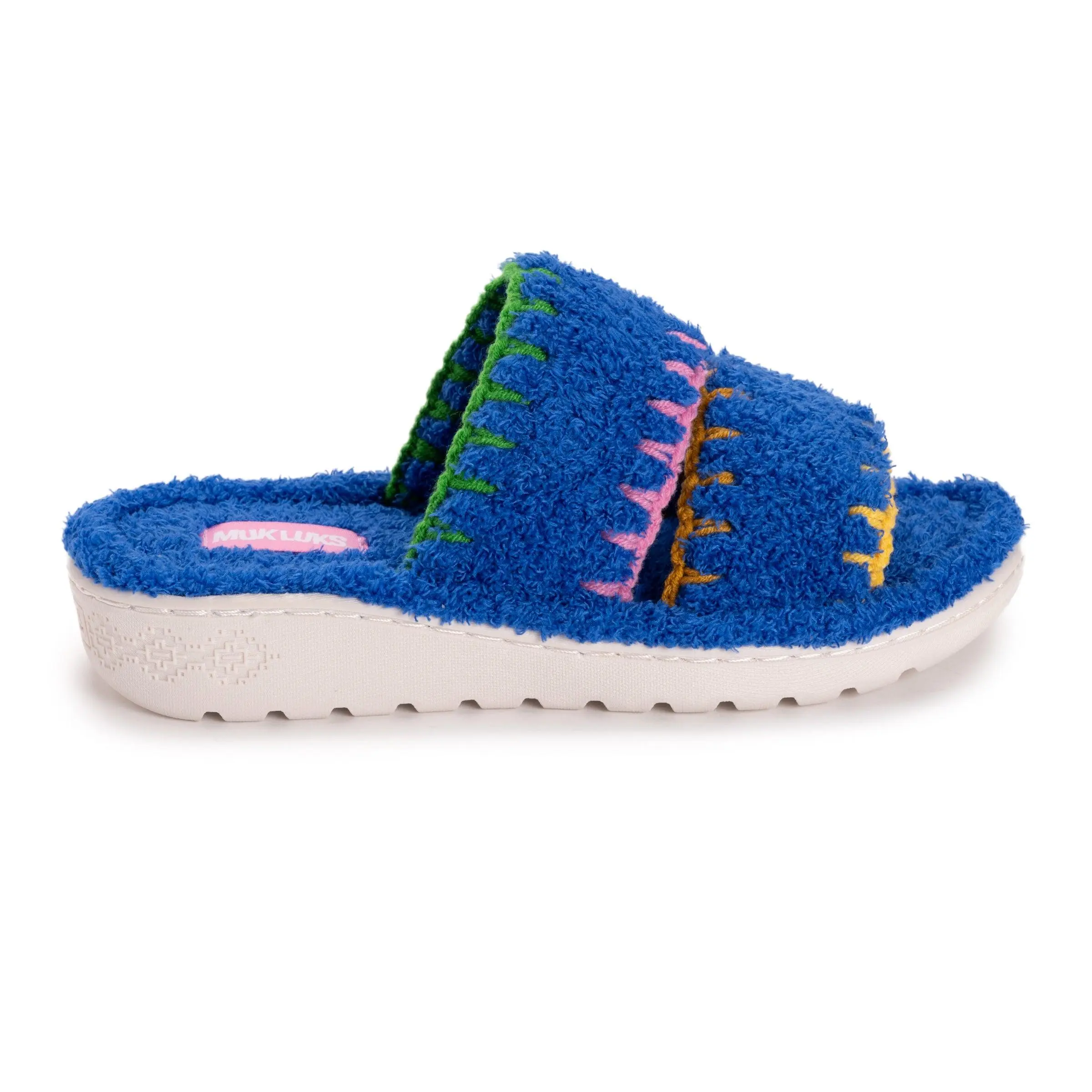 Muk Luks Women's 2-Strap Open Toe Ribbed Terry Slide Slippers - Cloud Cushioning, Contoured Footbed, Indoor/Outdoor Walking Shoes, Footwear, House Slippers, Soft, Eva Foam, Slip On, Flat Sole, Open Toed Slippers, House Shoes