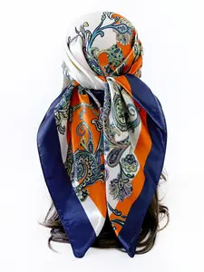 Women's Fashion Headscarf, Classic Paisley Nut Pattern Blue Silk Scarf, Ladies Top Shawl, Realistic Silk Headscarf 90cm Square