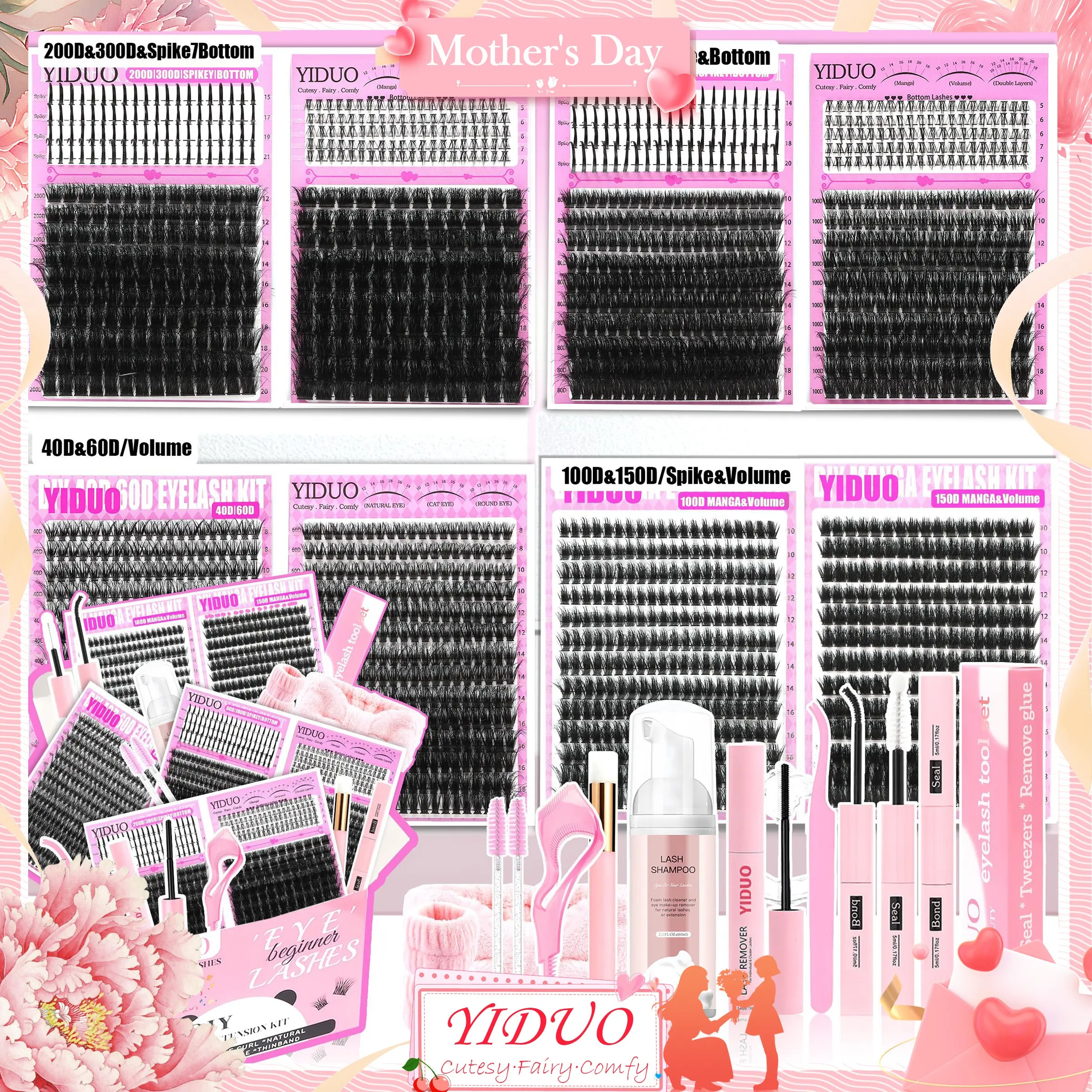 1743pcs 10 Styles Cluster False Eyelashes Kit, oversized/ultra-thick/dramatic/volumizing/full-length/spiky/Bottom lash clusters, Spikes Lash Clusters. clusters suitable for beginners and experts alike.   Easy application for natural everyday looks.