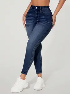 Deep Wash High-Waisted Fitted Jeans, Slimming Nine-Inch Denim Jeans, All-Season Long Regular Fit, Plain Pattern, Mid Waist