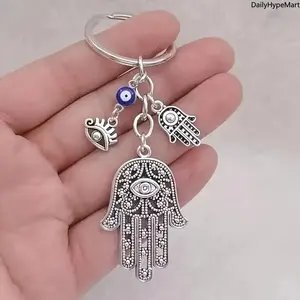 Vintage Hamsa Hand Keychain, Evil Eye Charm Blue Beads Good Luck Gift