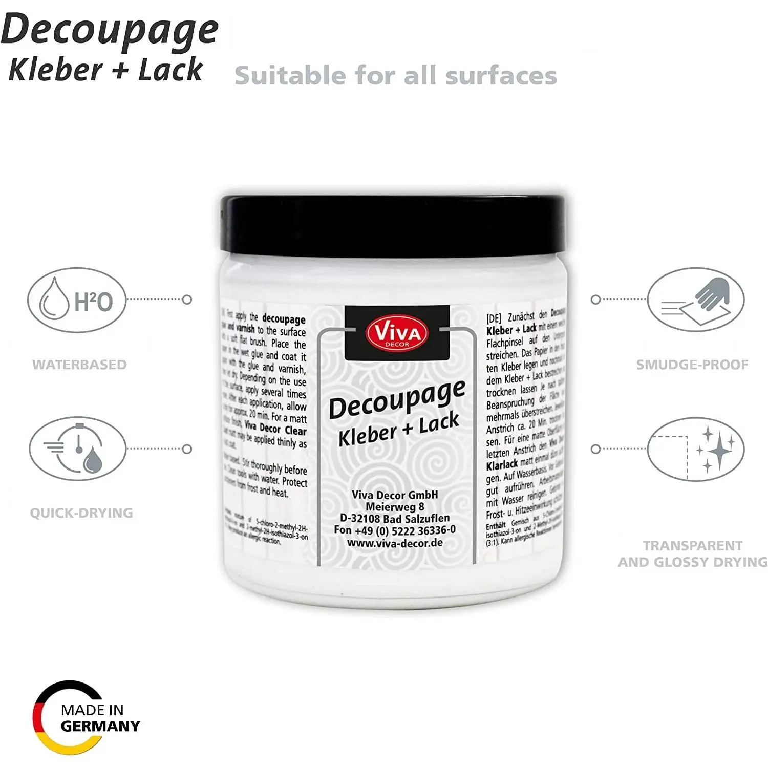 Viva Decor Decoupage Glue-Varnish, 8.45 oz Strong Water-Based Liquid Adhesive, Quick-Drying Smudge-Proof Absorbent Transparent Glossy Finish for DIY Scrapbooking & Stamping, Collages, Glass Projects