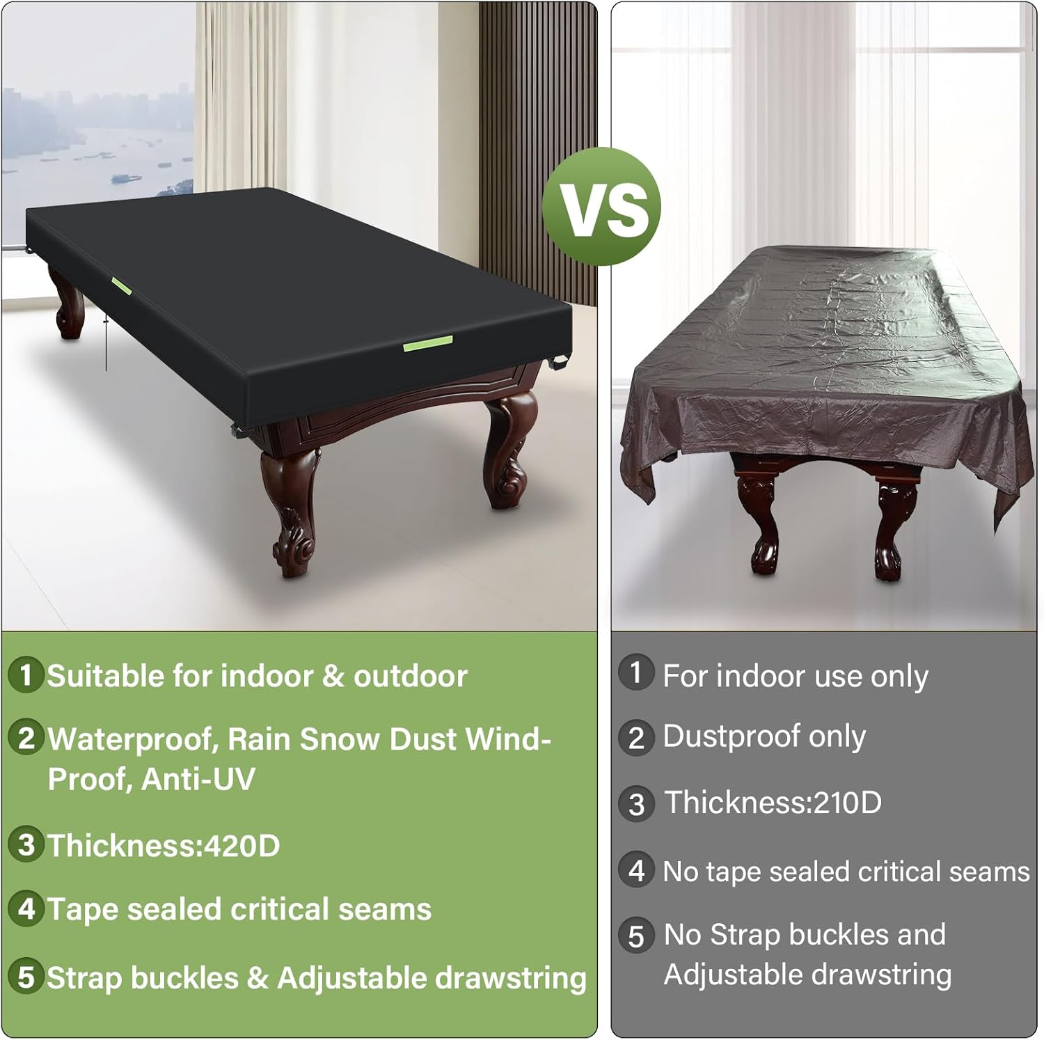 Pool Table Cover, Billiard Table Covers with Handles Buckles Drawstring Indoor Outdoor Pool Table Cover Waterproof for 7/8/9 FT Pool Table Snooker