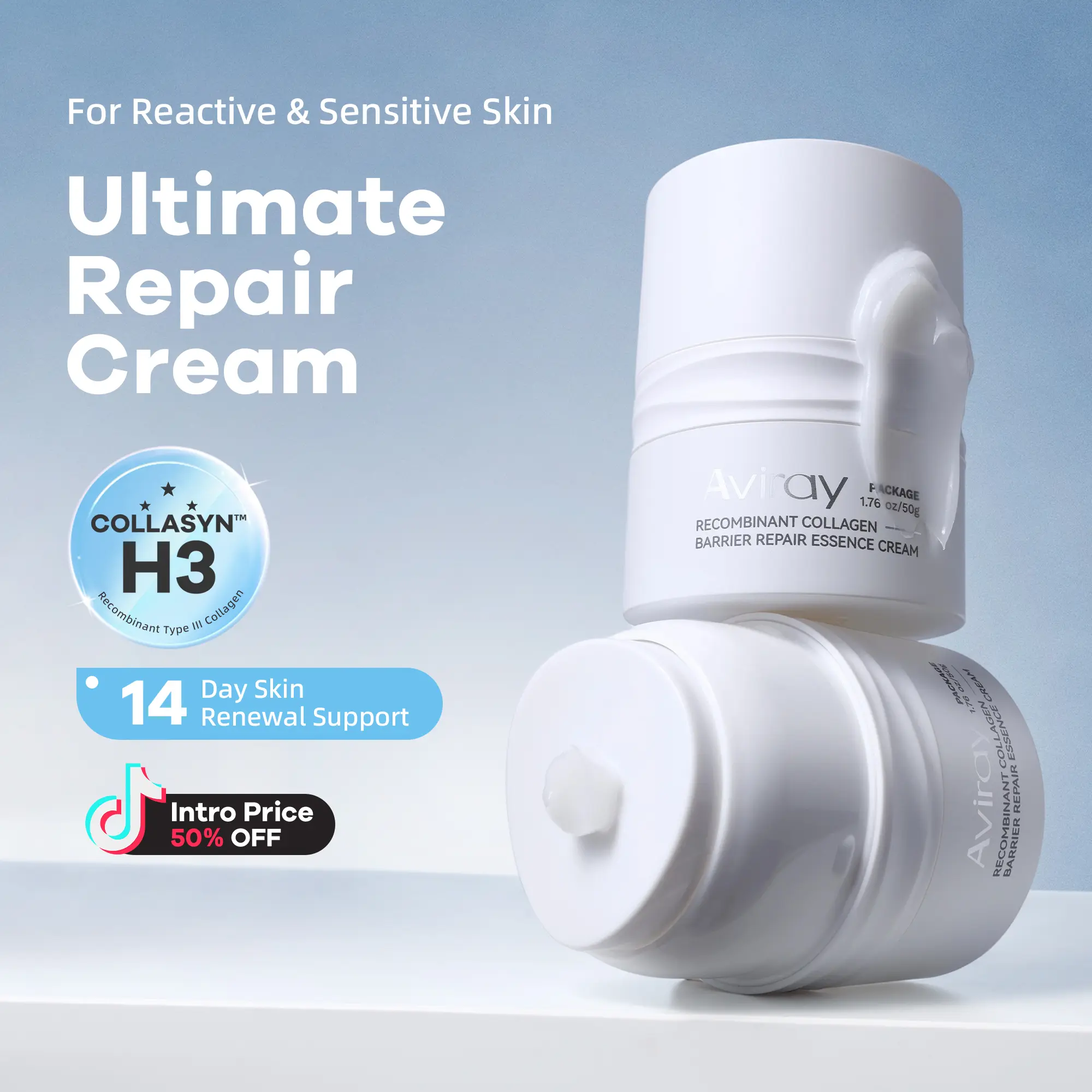 Aviray Barrier Repair Cream for Reactive & Sensitive Skin | Advanced Hydration & Visible Recovery with Recombinant Type III Collagen, Panthenol & Centella | Non-Greasy Daily Moisturizer | 1.76oz