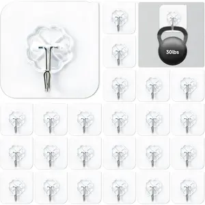 24 Pack Clear Self-Adhesive Wall Hooks, 30lbs Heavy-Duty Sticky Hooks for Kitchen Bathroom, Without Nails Reusable Utility Hooks for Hanging, Organization and Storage Home Improvement