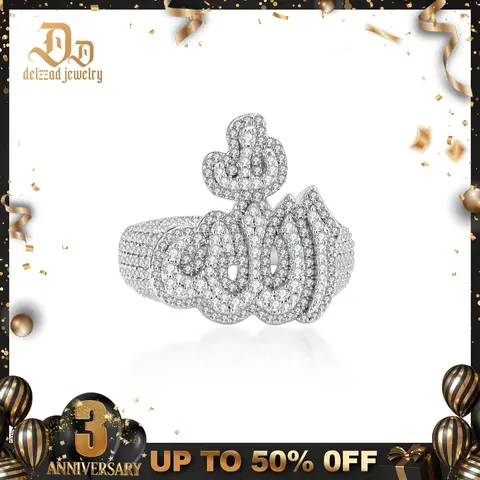 Delzzad 14K Gold-Plated 1.9ct Radiant Prayer Ring Eternal Devotion Ring Iced Out Allah Ring Hip Hop Pinky Band Ring VVS Synthetic Moissanite Ring Jewelry Perfect Birthday Anniversary Christmas Gift