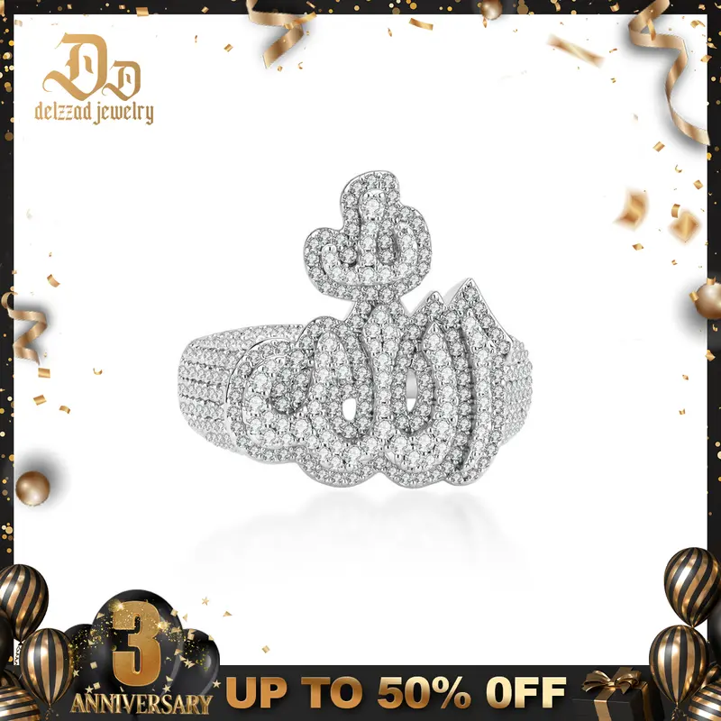 Delzzad 14K Gold-Plated 1.9ct Radiant Prayer Ring Eternal Devotion Ring Iced Out Allah Ring Hip Hop Pinky Band Ring VVS Synthetic Moissanite Ring Jewelry Perfect Birthday Anniversary Christmas Gift