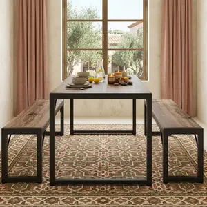 45.5 Inch Rectangle Dining Table Set with 2 Benches, 3 Piece Space Saving Dinette for 4 People, Metal Frame MDF Board Kitchen Dining Room Furniture, Grey Household Dinner Table Bench Set Ideal for Christmas New Year Gift
