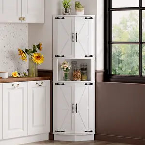 65" Tall Farmhouse Corner Cabinet with LED Light, Free-Standing Barn Door Display Storage with 5-Tier Shelves and USB Ports for Living Room, Bar, Kitchen, and Bathroom