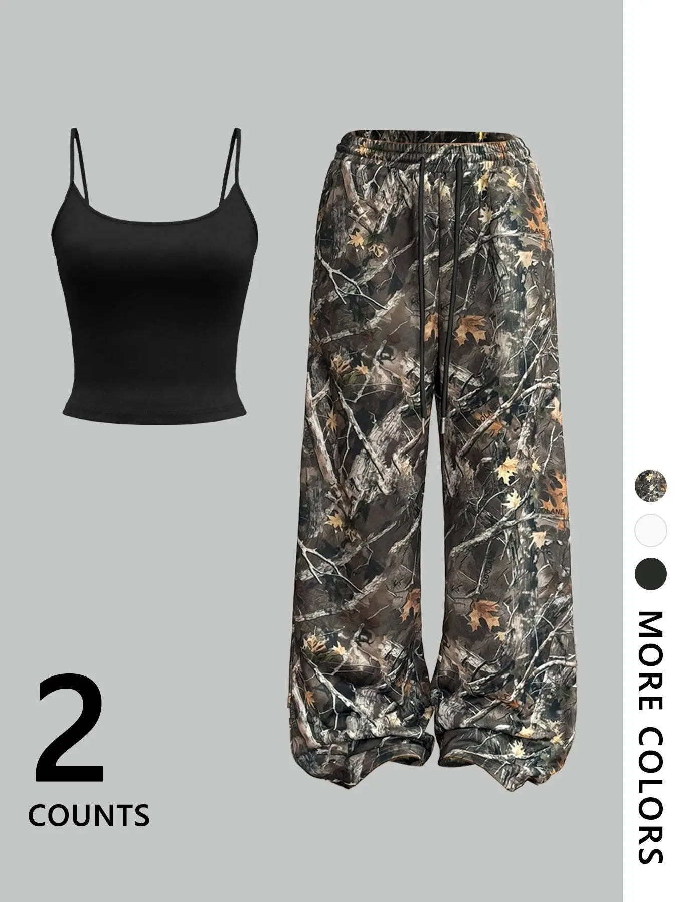 Women's Plain Cami Top Spaghetti Strap Fitted & Camo Print Wide Leg Pants, Casual Fashion Cozy Two-piece Set for Daily Outdoor Wear, Ladies Clothes for All Seasons, Airport Outfit