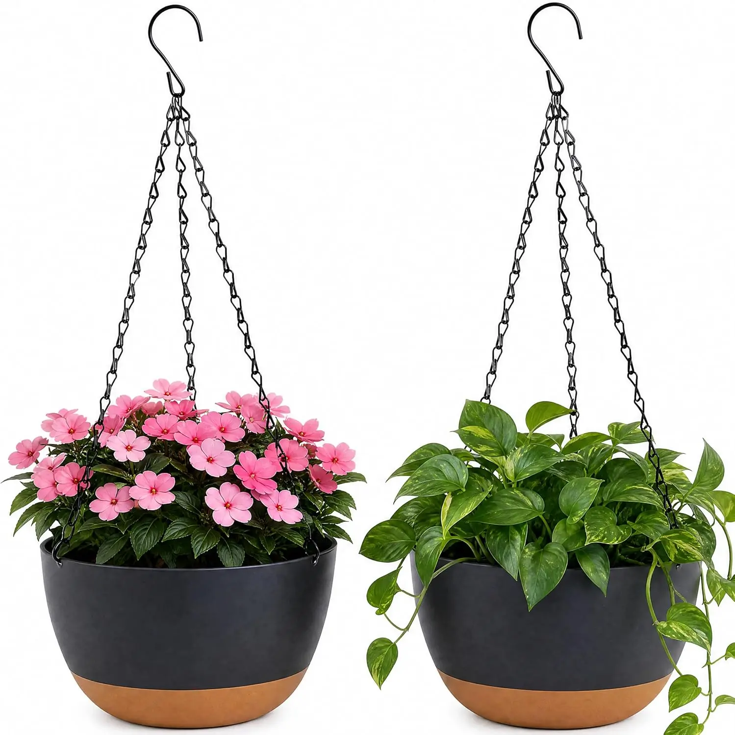 11.4 Inch, 2-Pack Large Self Watering Hanging Planters, Durable Resin Pots for Indoor Outdoor Plants with Detachable Bottom, Water Storage, Breathable Drainage (Dark Gray, 2)