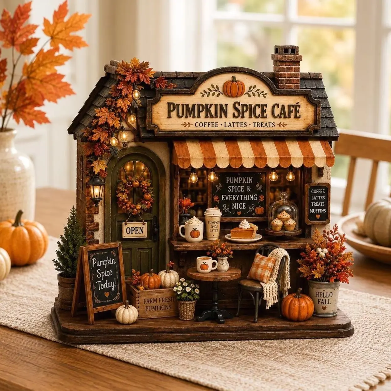 Personalized Autumn Coffee Shop Wooden Block, Custom Fall Café Shelf Decor, Rustic Harvest Village House, Cozy Thanksgiving Gift