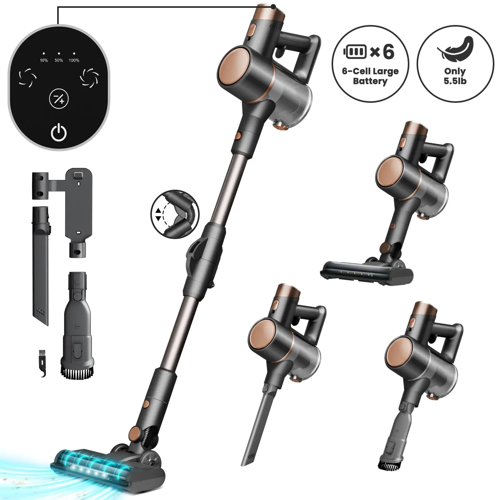 Kissair 2.7lb Lightweight Cordless Handheld Vacuum Cleaner – 90° Bendable Long Tube, 180° Rotatable Brush Head, 2-Speed Suction (15Kpa/29Kpa Max), 2200mAh Battery, 40Min Runtime, 8-in-1 Multi-Function for Pet Hair&Mite Removal, Suitable for Home&Car Use