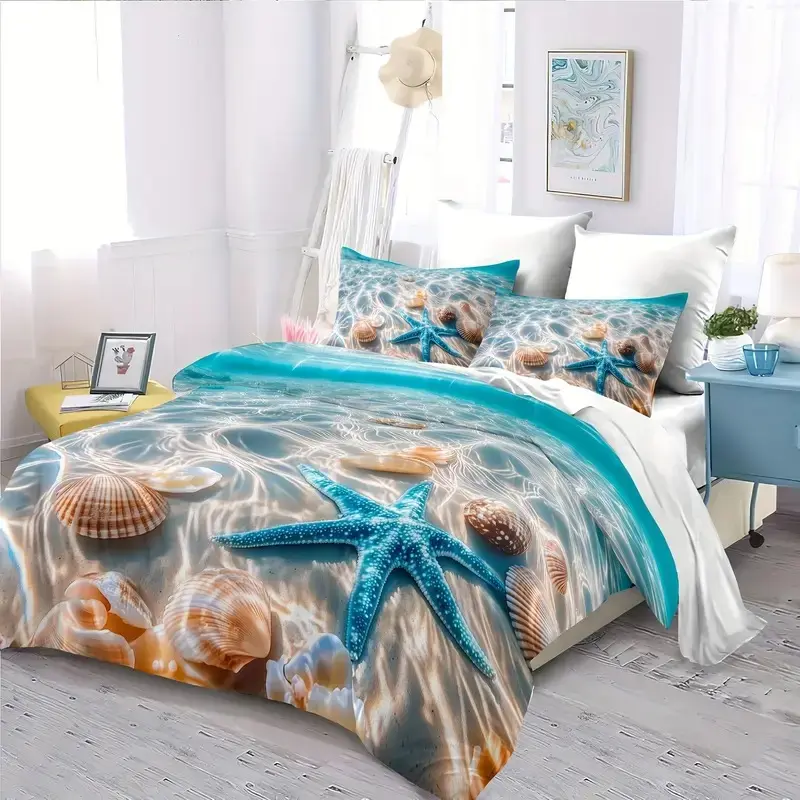 2D Print Beach Shell Starfish Pattern Bedding Set, Soft Breathable Polyester Fabric, All Seasons, 1 Fitted Sheet + 2 Pillowcases