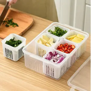 Airtight Food Storage Containers with Lids, Scallion Keeper Box, Refrigerator Fresh-Storage Container, 6-Compartment Draining Crisper, Portable Divided Fruit Storage Box, Ginger Storage Basket for Kitchen Tools, Eggs and Desserts.