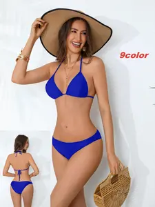 Women's Plain Halter Neck Bikini Set Top Triangle Shape, Pants Triangle Shorts, Sporty Style, All Seasons, No Ca Prop 65
