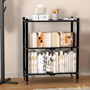 Black Iron 3Layer Foldable Storage Rack with Wheels High Loadbearing Garage Kitchen Multipurpose Utility Racks