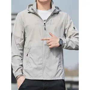 Men's Lightweight Hooded Cycling Jacket - Windproof Outdoor Coat, Quick-Dry Full-Zip Windbreaker with Side Pockets, Light Blue Athletic Windproof Jacket for Cycling, Running, Fishing - Non-Stretch Fabric, Cycling Apparel, Sports Coat, Zippered Top, Breath