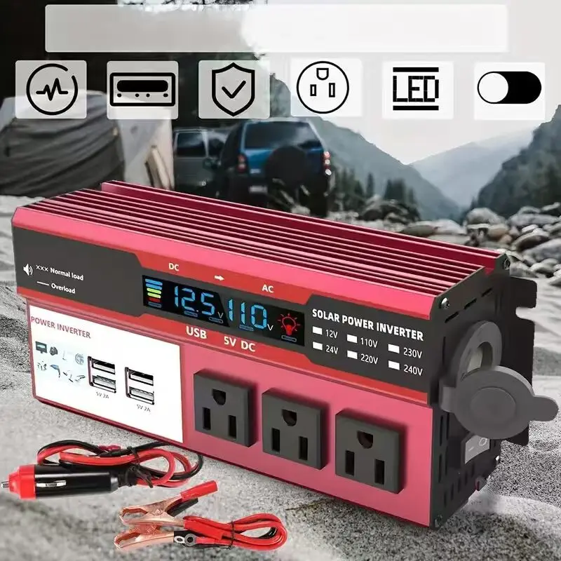 Portable 1000W Power Inverter, DC 12V to AC 120V Car Converter with LCD Screen, 3 US Sockets + 4 USB Charging Ports, Cigarette Lighter & Battery Clamps for Vehicle & Home Emergency