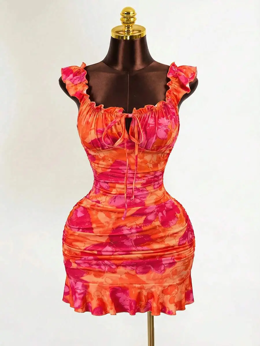 Women's Zestiva Summer Casual Off Shoulder Polyester Blend Dress - Floral Plant Motifs, Ruffle Hem, Slim Bodycon Mini, Machine Washable, Elegant