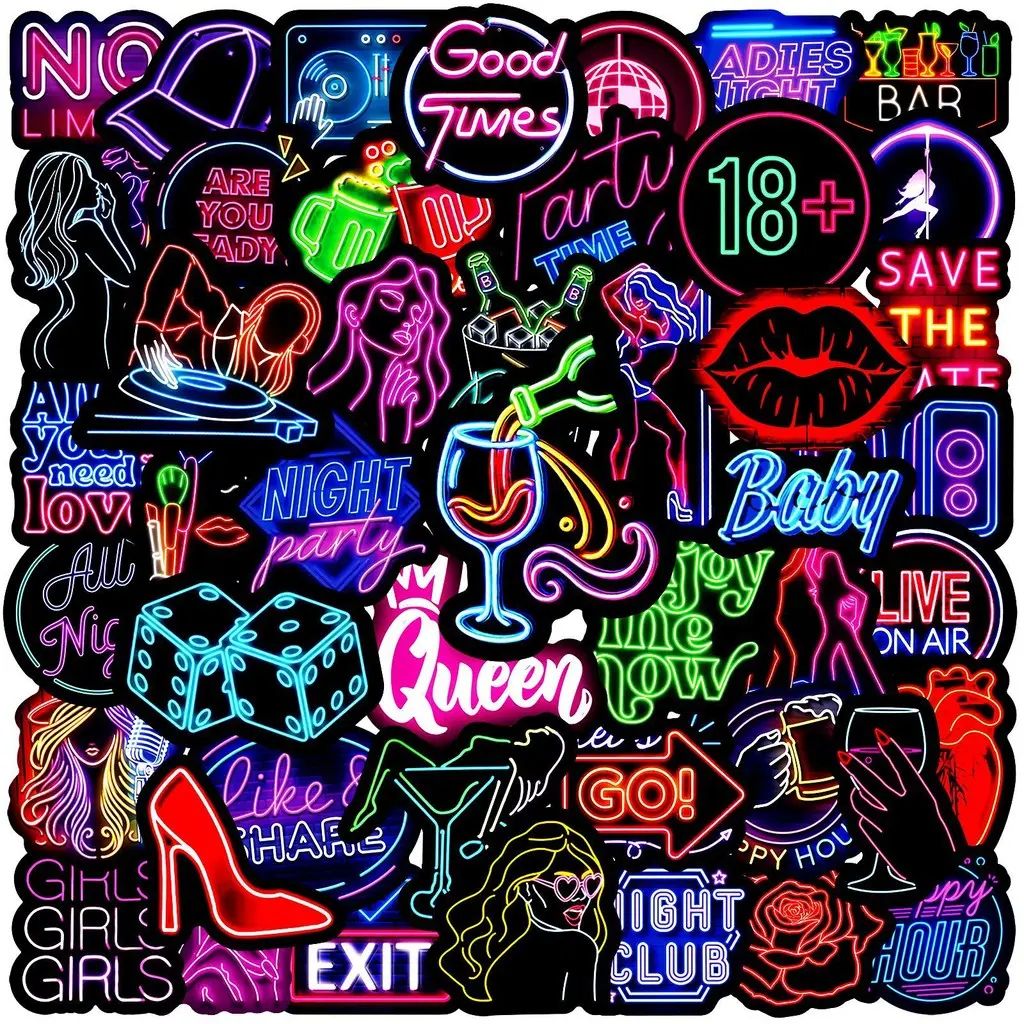 50PCS Neon Light Nightclub Stickers - Waterproof Decor for Car, Phone, Water Cup, Luggage & Notebook bulingbulingsticker