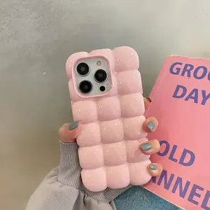 3D Block Lattice Case Casing for iPhone 15 14 13 16 Pro Max 12 11 Glossy Candy Solid Color Soft Silicone Shockproof Cover