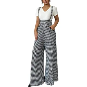 Milumia Women's Houndstooth Print Overalls Jumpsuit Casual Sleeveless Wide Leg Pants Romper
