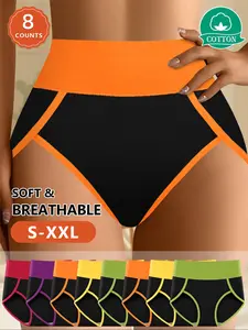 【Soft Cotton】 MEIYATING  Colorblock Women's Underwear, 8 Pcs Set, High Waist Comfortable Trunk, Breathable No Sweat, Sizes S-Xxl