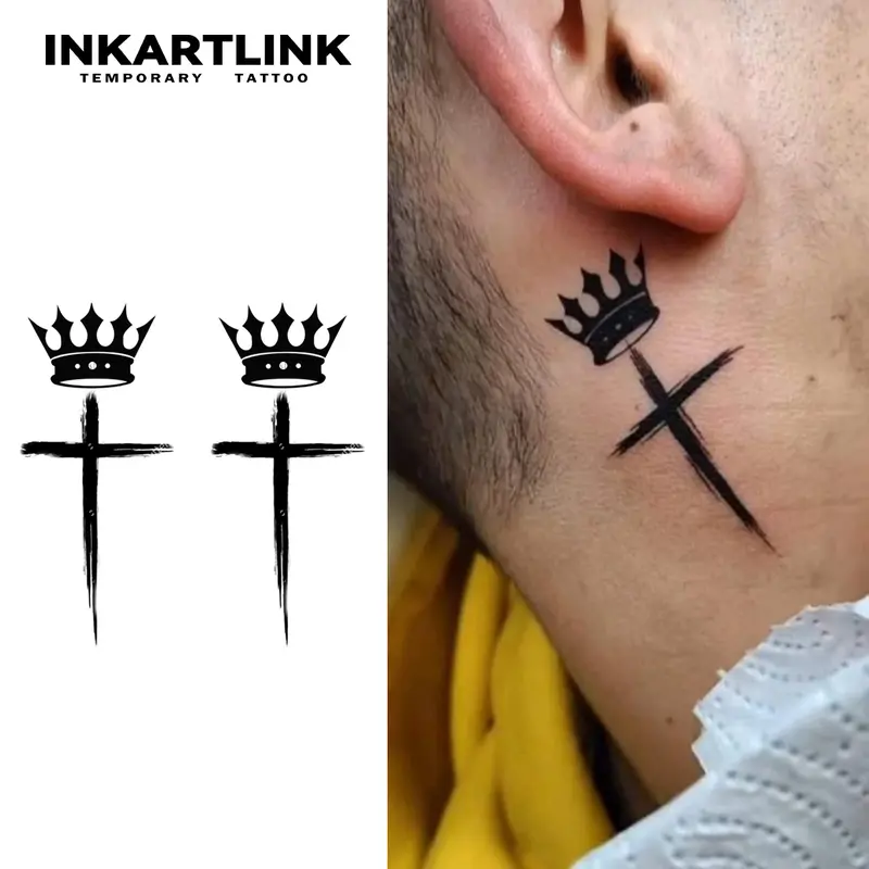 INKARTLINK Tattoo Tech Cross Series Crown Temporary Tattoos 2 Sheets Semi-Permanent Waterproof Realistic Look for Men and Women Ideal for Swimming Party - Temporarytattoo