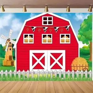 1pc 2D Flat Vibrant Farm-themed Birthday Backdrop | Ft or ft | Red Barn & Green Grass Design with Cartoon Cow Accents | Durable Polyester | Perfect for Party Decor, Cake Smash & Photography, Cow Decor