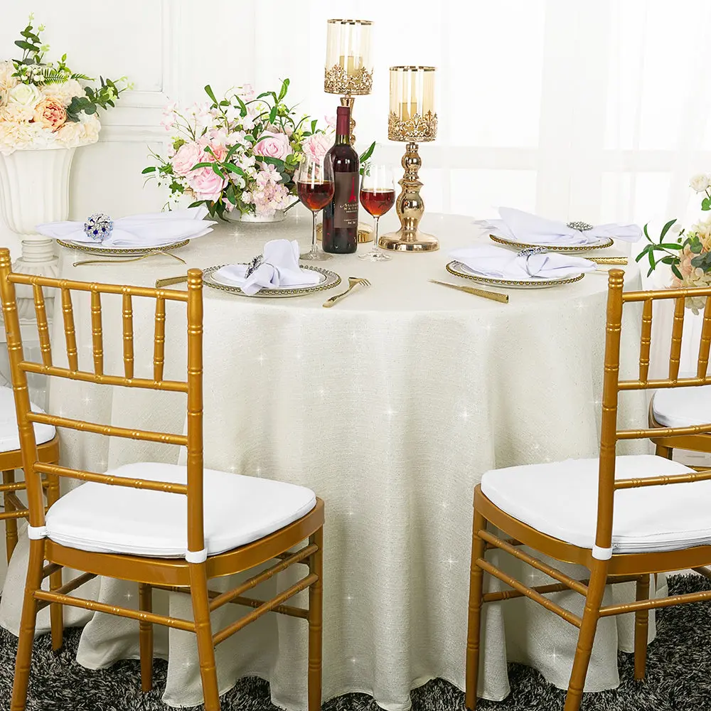 120" Seamless Round Sequin Paillette Poly Flax/Burlap Tablecloth - Ivory (1pc)