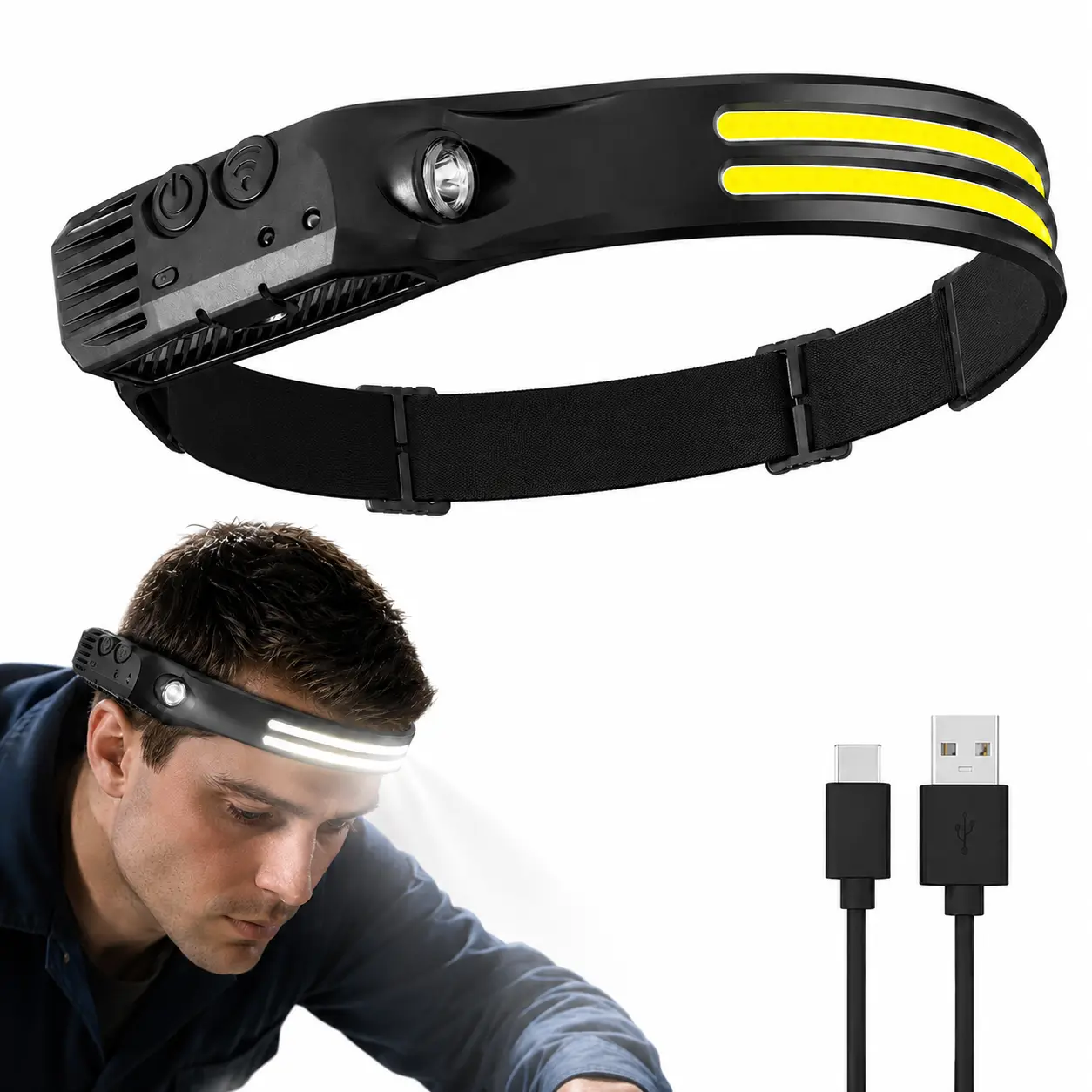 230° COB Super Bright Waterproof LED Headlamp, Rechargeable Forehead Head Light, Hard Hat Compatible Headband Flashlight, USB Powered Lighting for Outdoor Working, Hiking, Running, Camping & Fishing Gear