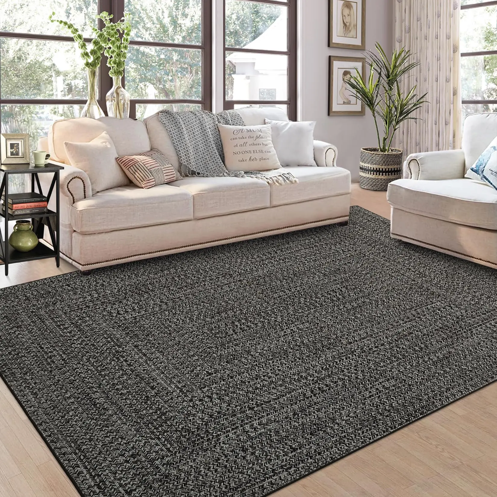 Garvee Solid Rug 9x12 Large Living Room Rug Print Pattern Bedroom Area Rug Braided Print Pattern Rugs for Dining Room Stain Resistant Indoor Area Rug Dark Grey