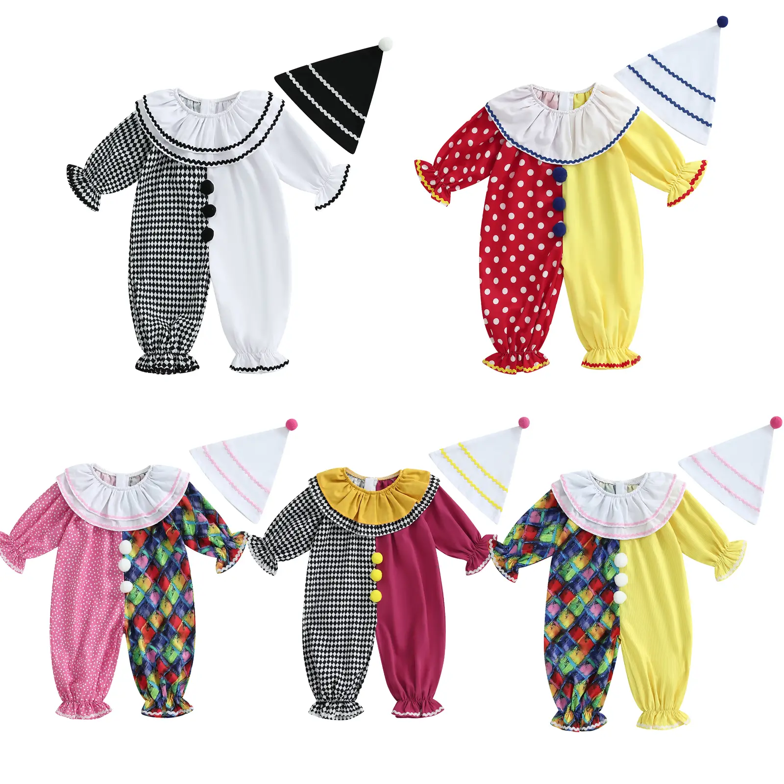 REDWOON Toddler Halloween Outfits Baby Boy Girl Clown Costume Contrast Color Long Sleeve Jumpsuit Hat Smocked Outfits