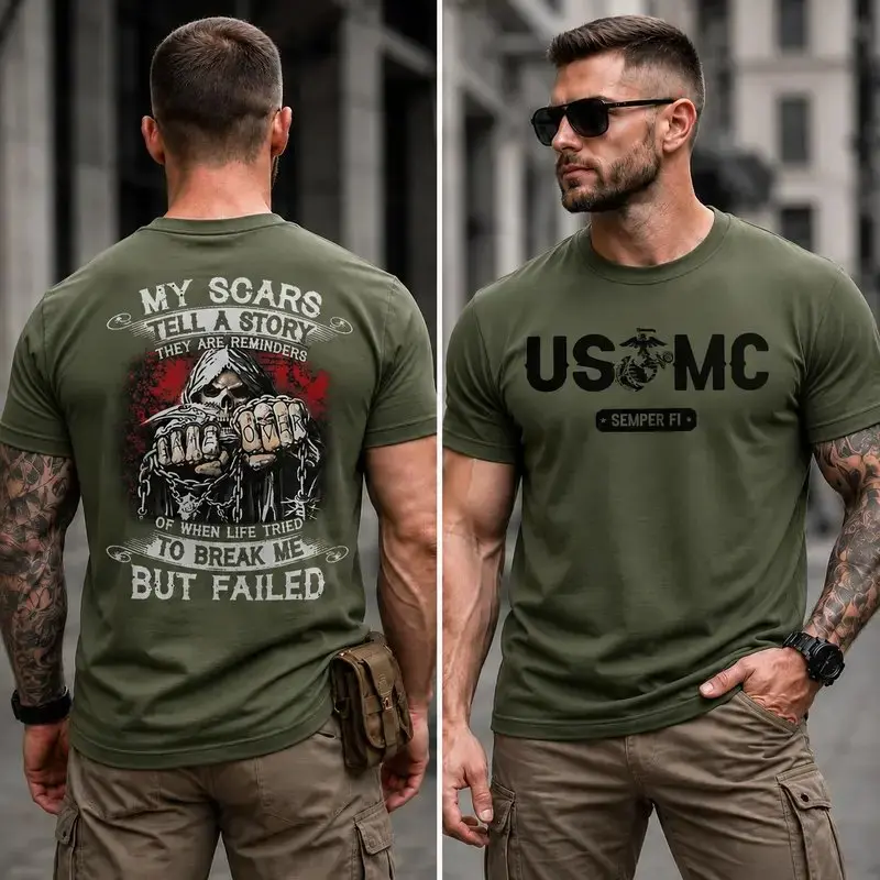 Men's Shortsleeve USMC Print T-Shirt - Apparel, Menswear, Plain Breathable Fabric, "My Scars Tell A Story" Design
