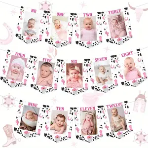 1 Set Space Birthday Photo Banner, Western Disco Monthly Milestone Photograph Bunting Garland, My Rodeo Birthday Shower Decorations From Newborn