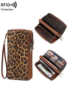 Vintage Leopard Print Women's Dual-Layer Zipper Wallet, Fashion Handbag, fashionable versatile purse, RFID Blocking, Multi-Function Credit Card Holder, Party Shopping Travel Gift,Valentine's Day gift