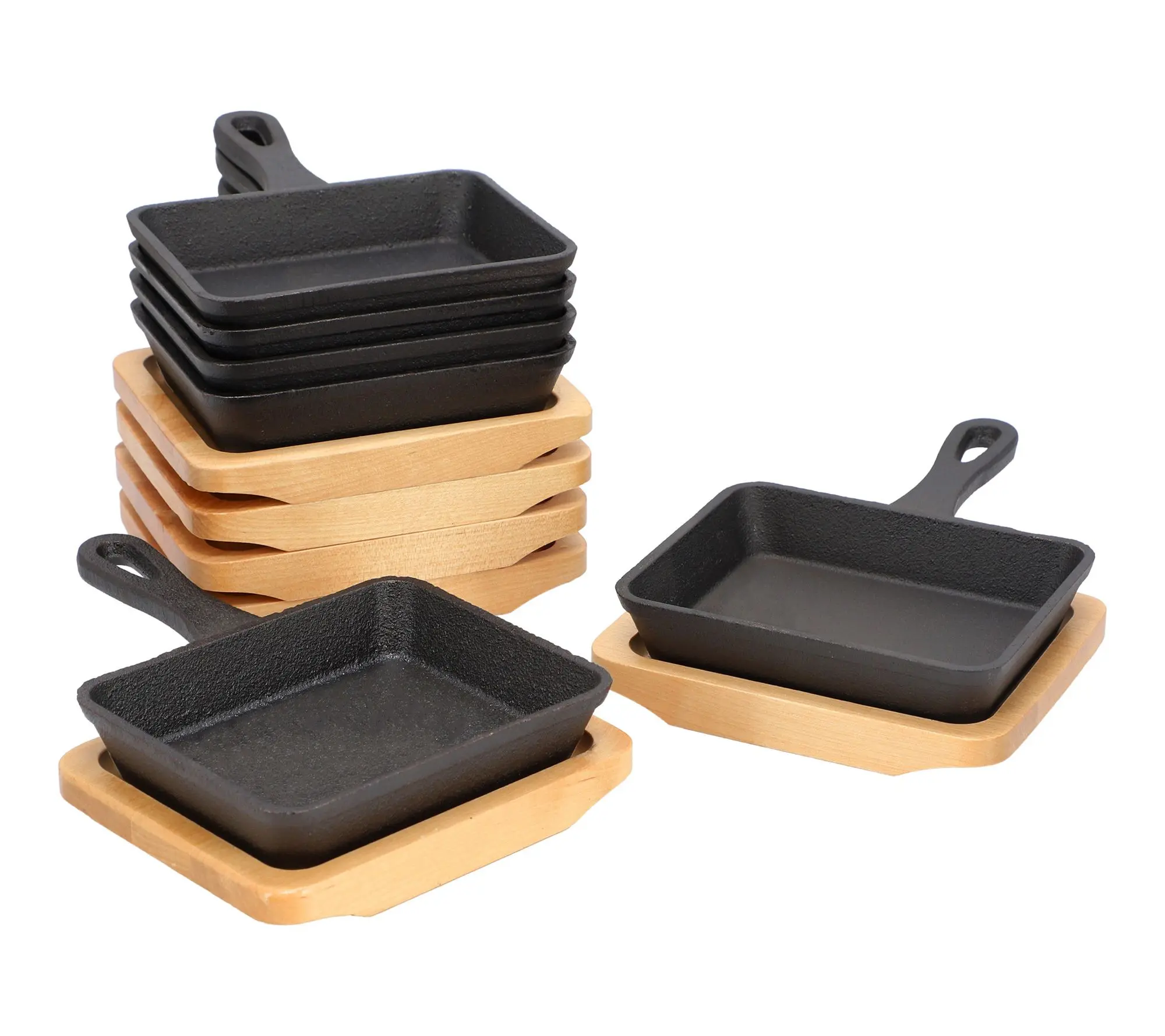MegaChef 6 Piece Mini Cast Iron Square Pan with Wood Tray