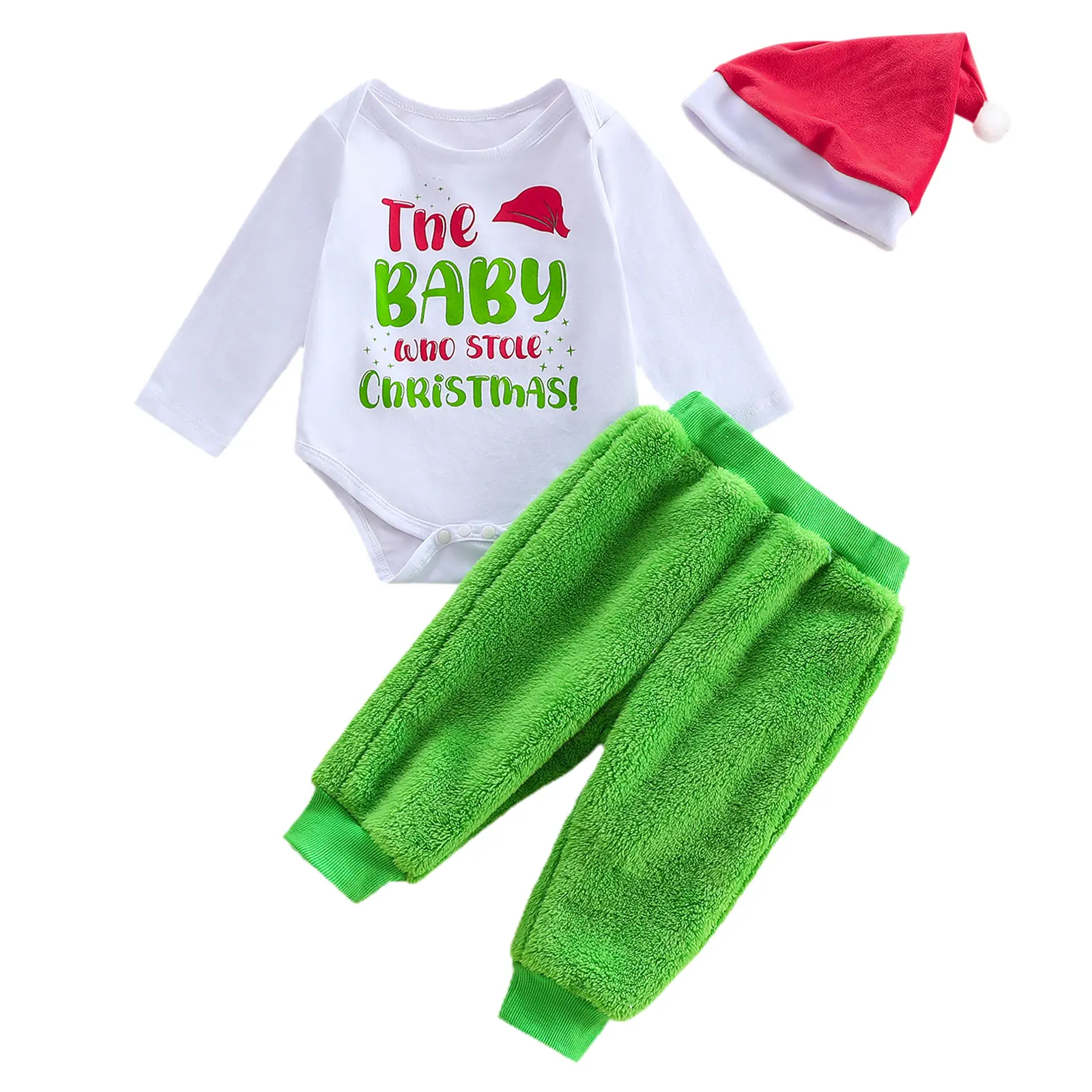 Baby Boy 3-Piece Christmas Outfit with Green Furry Pants, Cute Newborn Long Sleeve Letter Print Bodysuit & Hat Set for 1st Xmas Photo, Polyester, Crew Neck, Holidays, Graphic Long Sleeves, Jogger Pants, Newborn Baby Stuff, Letter Theme, Plush Jogger Pants