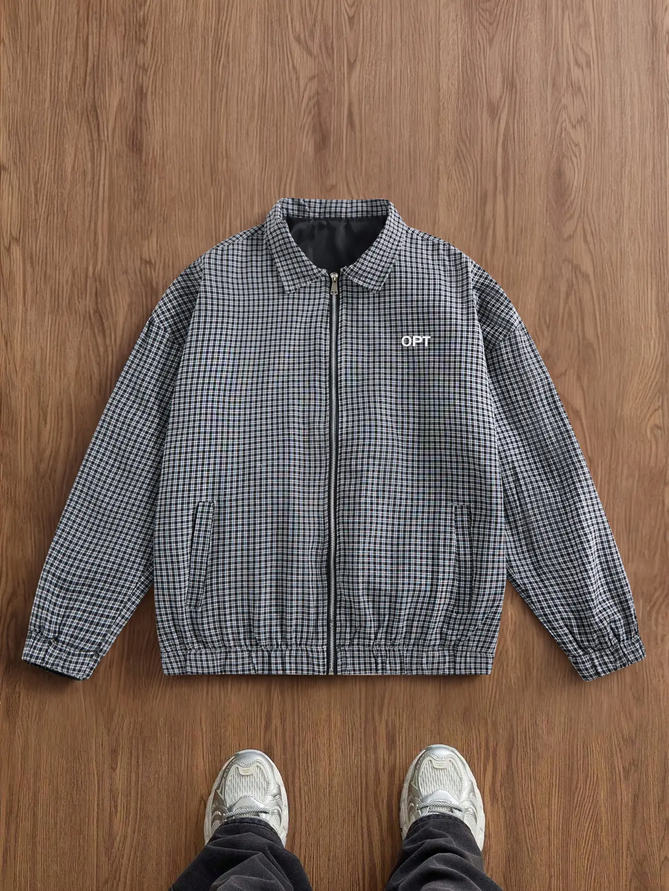 Men's Harrington Jacket, Vintage Lightweight Windbreaker with Checkered Polyester Lining, Casual Zip-Up Streetwear Coat, Coats, Tops, Plaid, Men's Lightweight Jackets, Cold Wash, Collared Neck, Pull On, Woven
