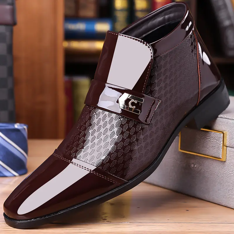 Men’s Patent Leather Dress Boots, Slip-On Ankle Shoes with Stylish Metal Buckle