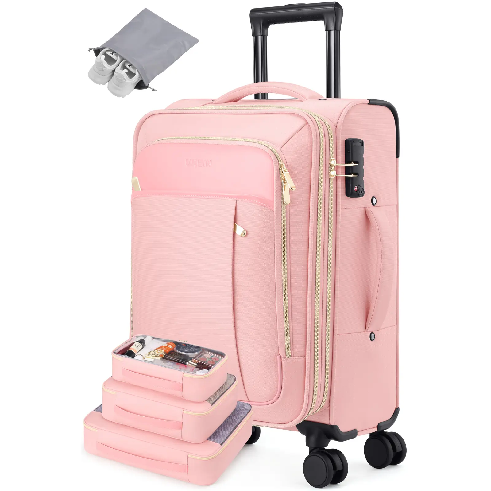 UKEIN 20” Softside Carry-On – Expandable Lightweight Spinner Suitcase with TSA Lock & 4-Piece Packing Cubes, Airline Approved Travel Companion