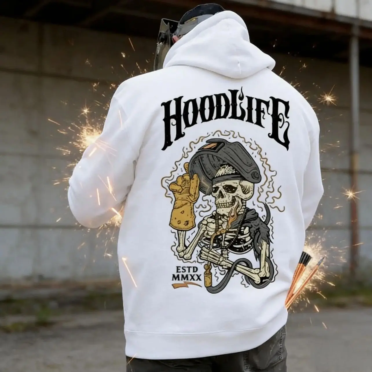 Hoodlife Skeleton Welder Hoodie Unisex, Welding Torch Skull Graphic, Blue Collar Tradesman Workwear Style, Industrial Metal Worker Gift for Men Women