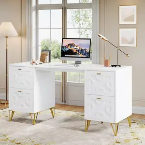 Tribesigns 59" Modern Executive Desk with File Drawers, Elegant White and Gold Writing Table for Home Office and Bedroom