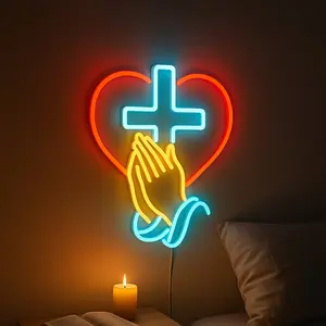 Christian Heart & Cross LED Neon Sign 16x12 inches Prayer Room Wall Light for Peaceful Vibes and Spiritual Atmosphere