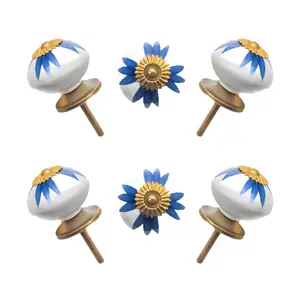 Hand-Painted Blue & White Floral Ceramic Knobs with Gold Accents (Set of 6) - 1.5 Inch - CDNY