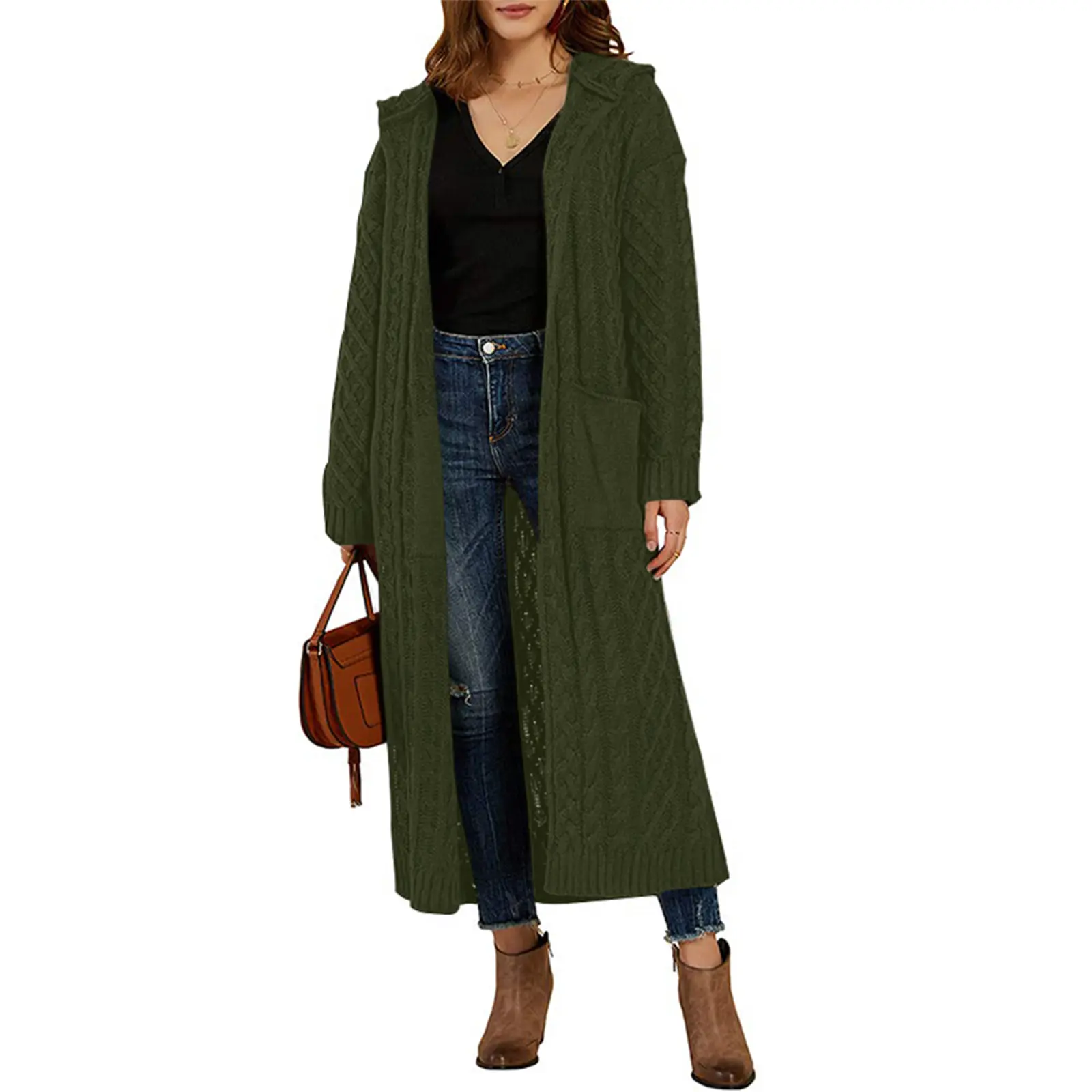 Saodimallsu Women's Minimalist Basics Open Hood Long Length Cardigan - Casual Chunky Cable Knit Acrylic Fabric, Long Sleeve Open Front Drop Shoulder Outwear with Pockets, Fitted Knitwear Top