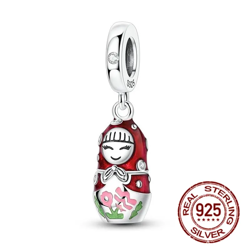MULA S925 Silver-Plated Russian Nesting Doll Charm, Hand-Painted Retro Floral Pendant for Women, Collectibles Gift for Valentine's Day